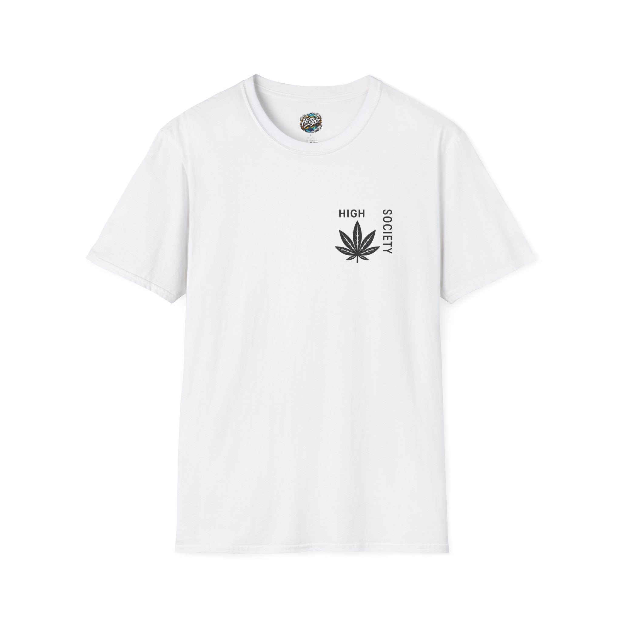 High Society Leaf T-Shirt front view – minimalist cannabis leaf graphic tee