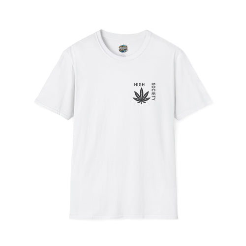 High Society Leaf T-Shirt front view – minimalist cannabis leaf graphic tee