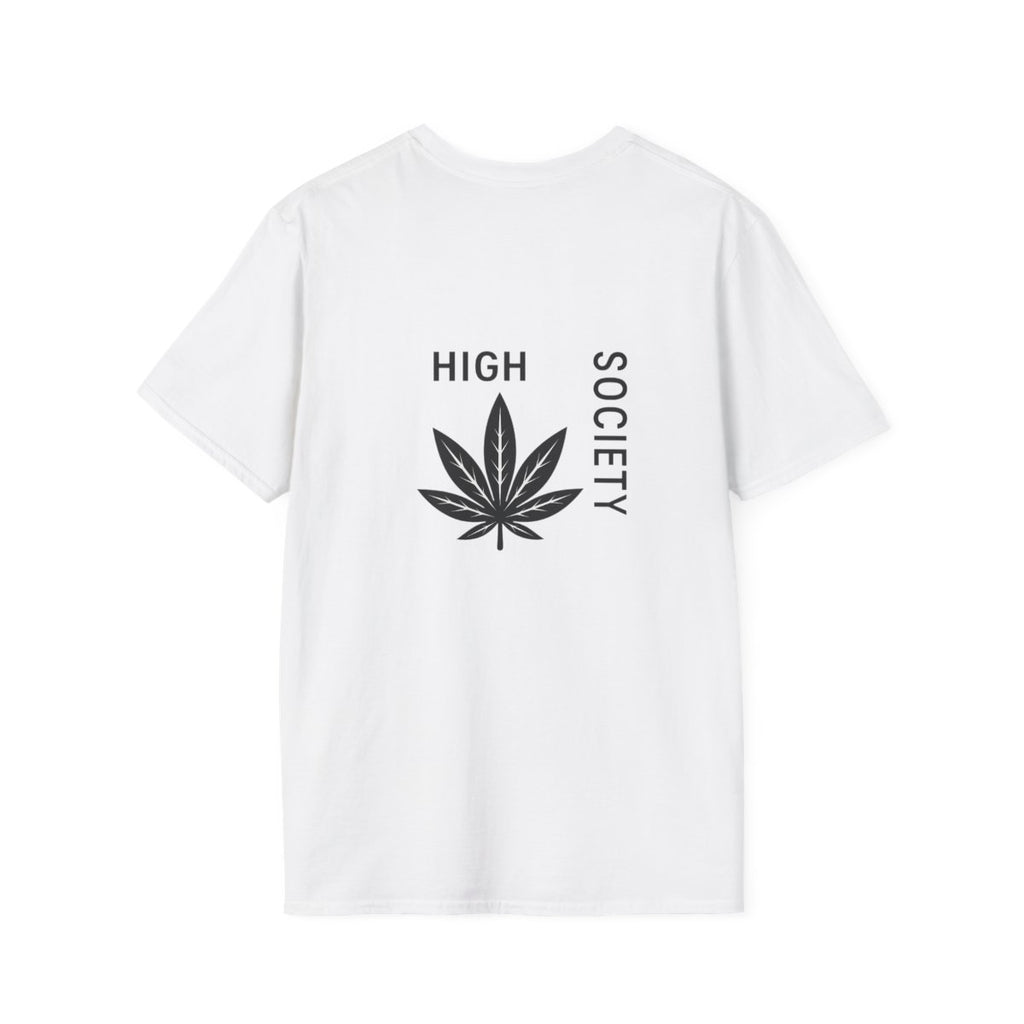 High Society Leaf T-Shirt in White – back view with cannabis leaf graphic