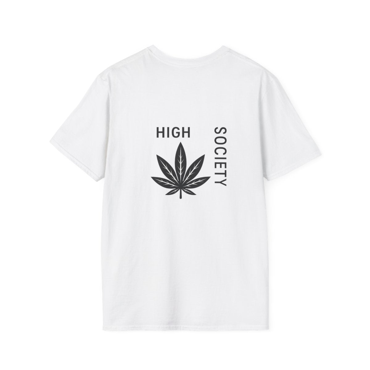High Society Leaf T-Shirt in White – back view with cannabis leaf graphic