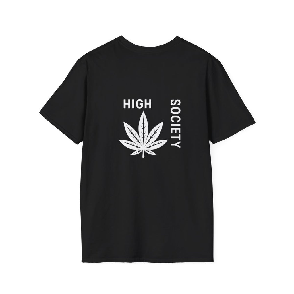 High Society Leaf T-Shirt in Black – back view with cannabis leaf graphic