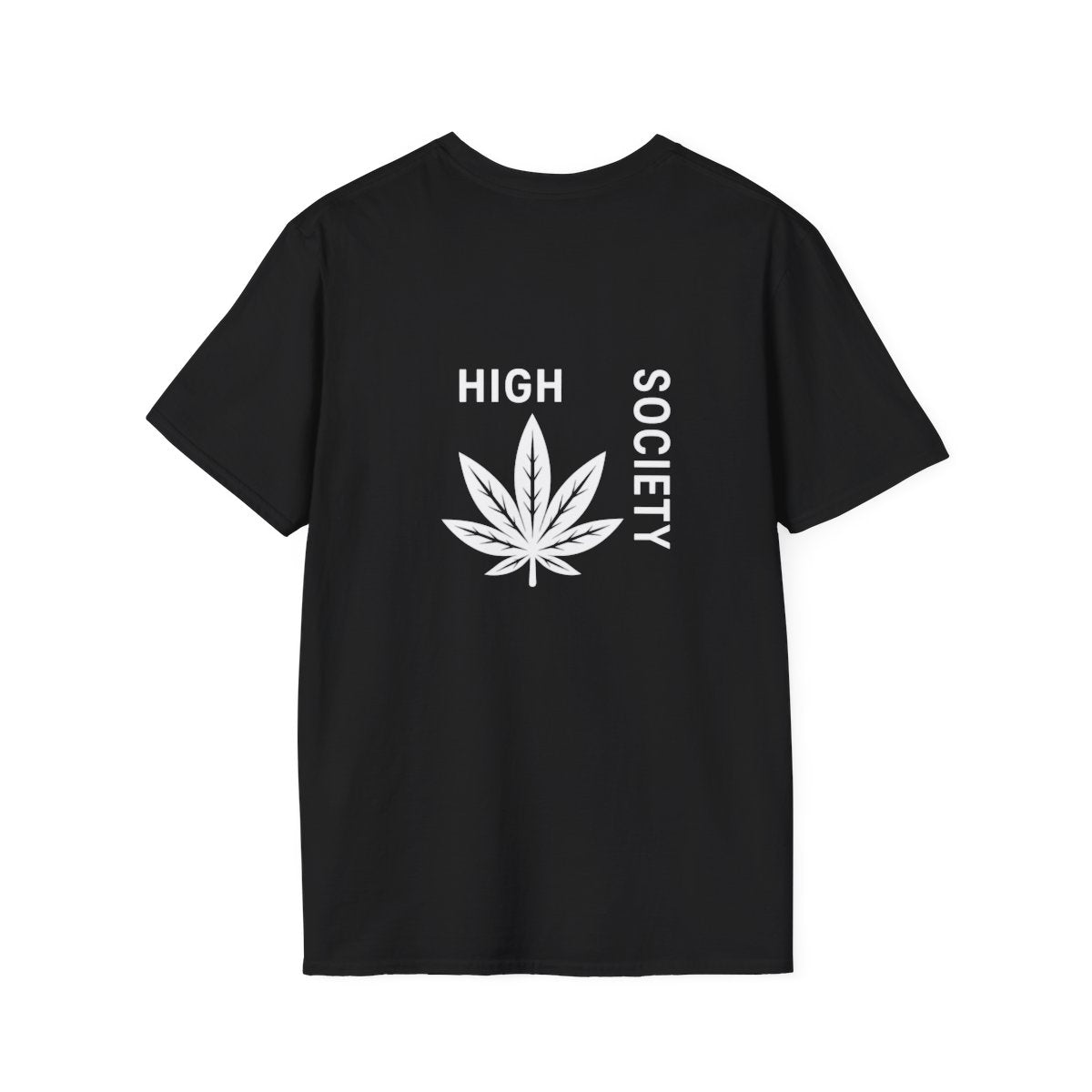 High Society Leaf T-Shirt in Black – back view with cannabis leaf graphic
